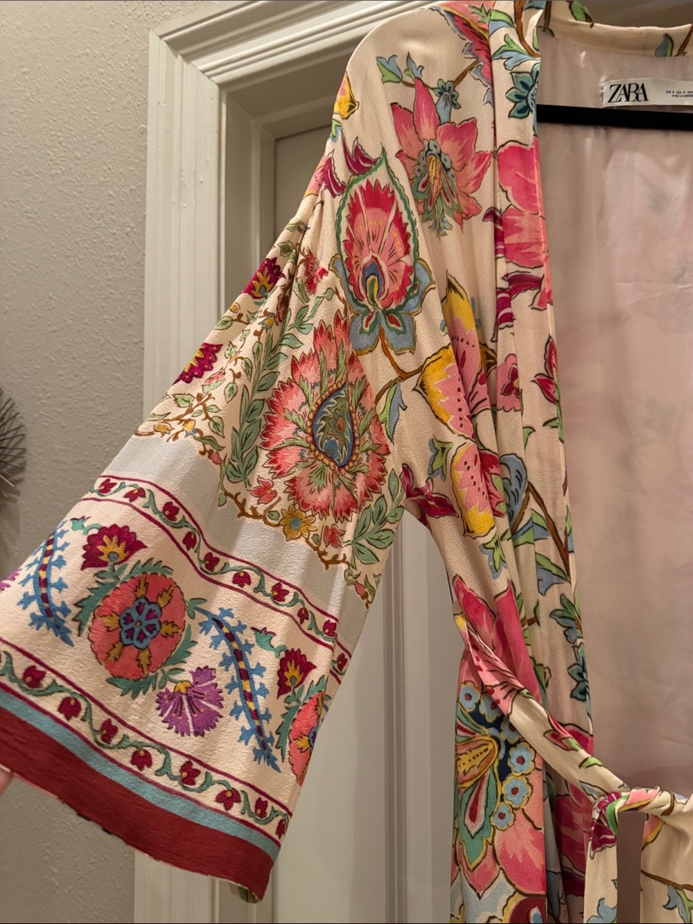 Zara Cream Floral Wrap Kimono Duster Cardigan Belted light weight cover up Small - Picture 3 of 14